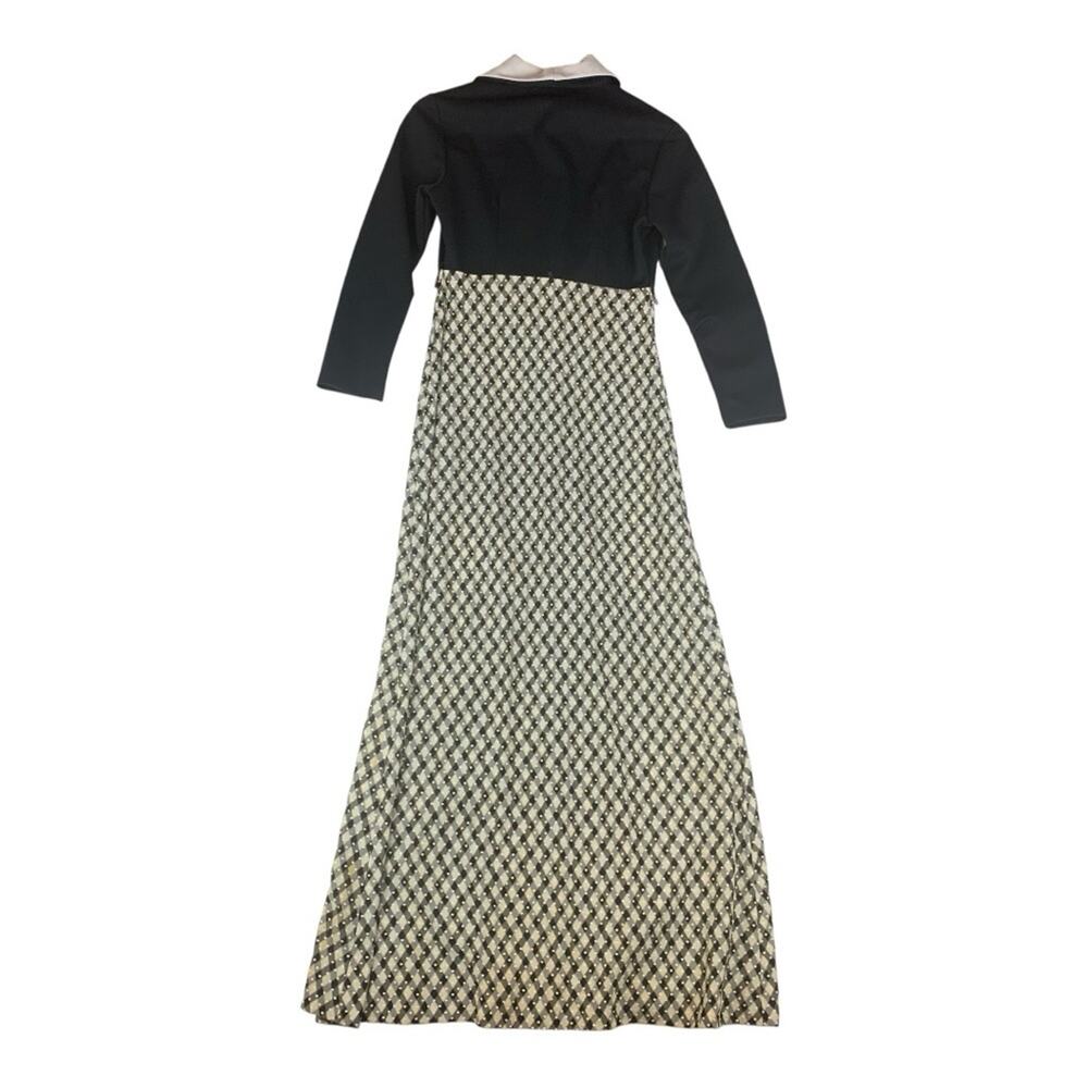 Vintage 70s woman's 6 8 small medium maxi dress black white pattern Wednesday lo - Picture 2 of 10